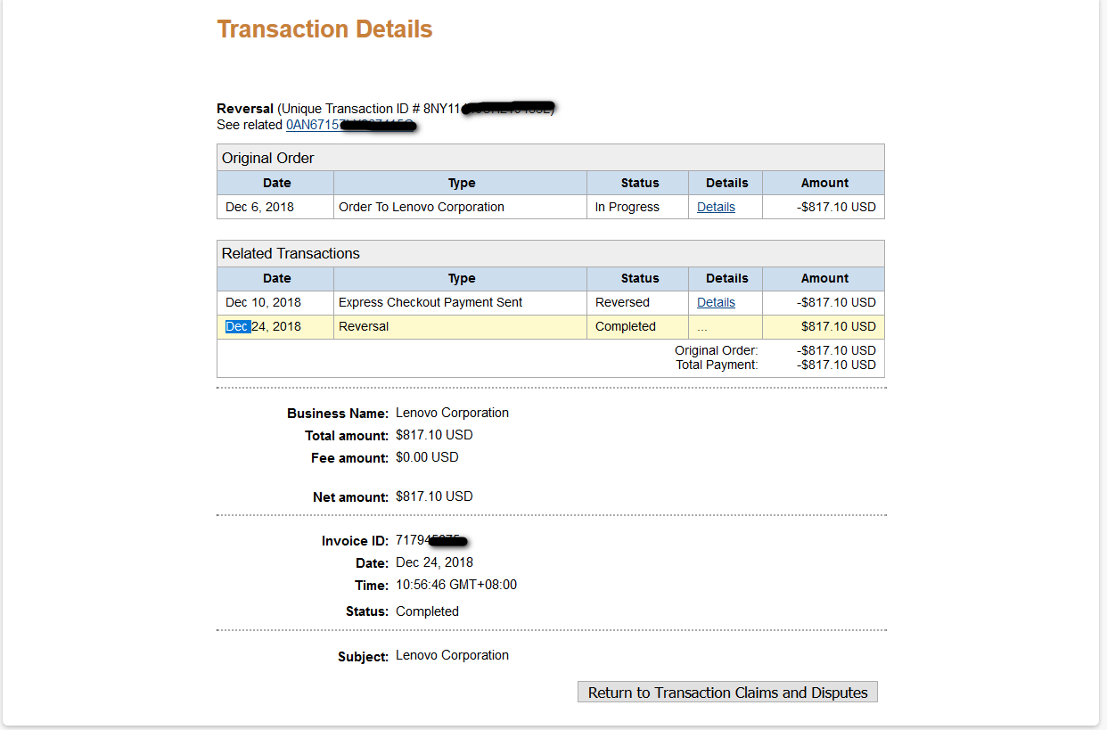 I had received my laptop and the payment got reversed/refund by Paypal ...