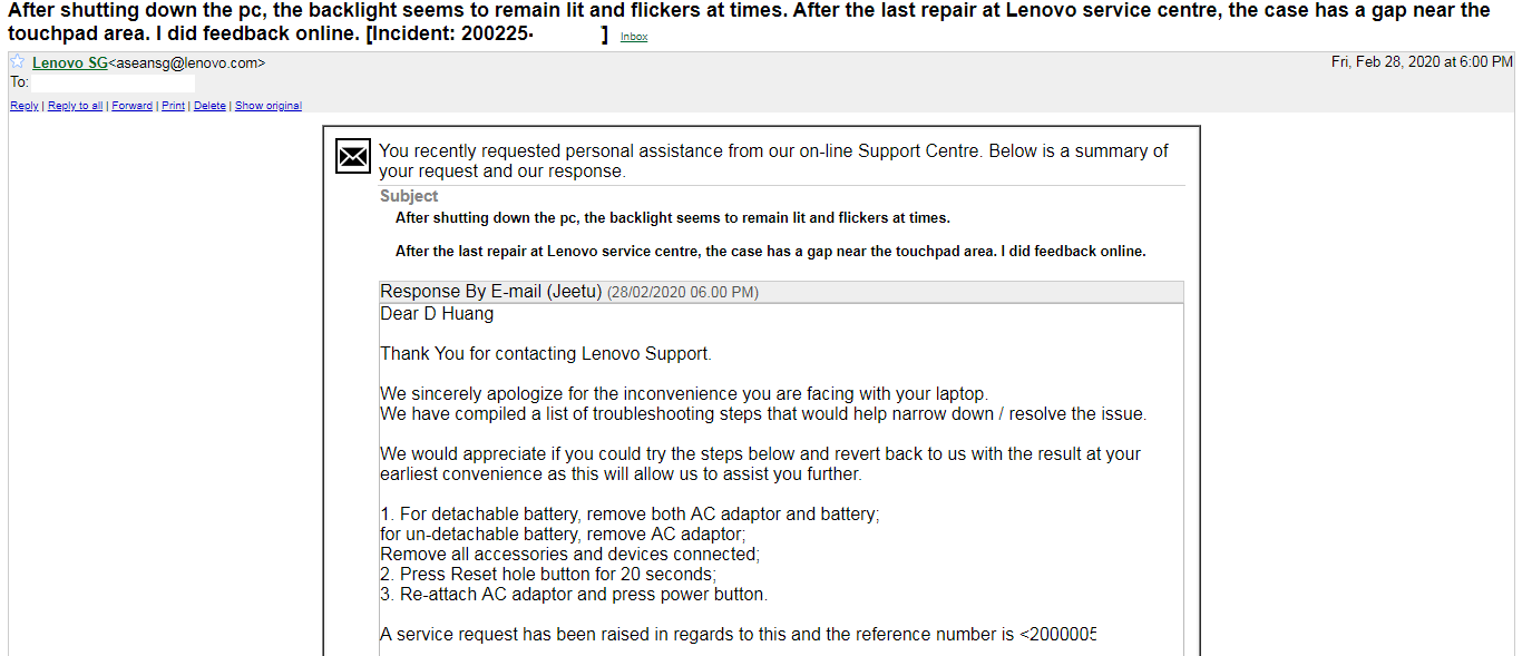 lenovo support mail